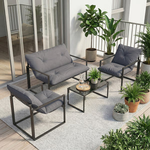 Salon de jardin extérieur 4 pièces avec coussins ultra-épais 15cm - ensemble mobilier de jardin et salon bas pour terrasse - canapé 2 places avec table basse et 2 fauteuils, cadre acier noir