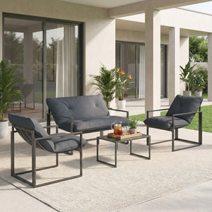 Salon de jardin extérieur 4 pièces avec coussins ultra-épais 15cm - ensemble mobilier de jardin et salon bas pour terrasse - canapé 2 places avec table basse et 2 fauteuils, cadre acier noir