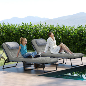Lot de 2 transats bains de soleil pliable avec dossier inclinable 4 positions - appui-tête et Matelas épais ultra confortable - tissu textilène et acier, gris