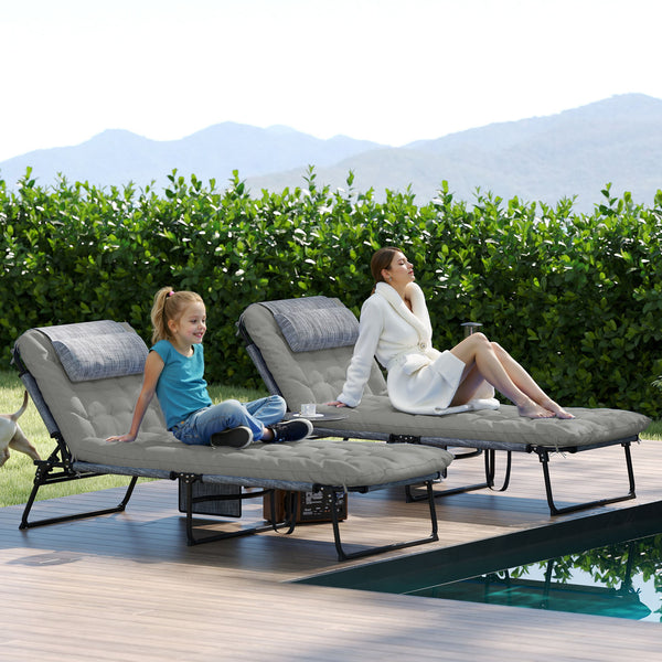 Lot de 2 transats bains de soleil pliable avec dossier inclinable 4 positions - appui-tête et Matelas épais ultra confortable - tissu textilène et acier, gris