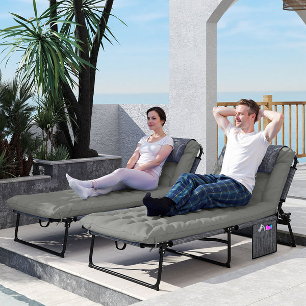 Lot de 2 transats bains de soleil pliable avec dossier inclinable 4 positions - appui-tête et Matelas épais ultra confortable - tissu textilène et acier, gris