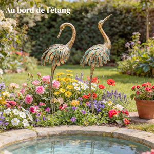 Lot de 2 Statues de Jardin, Sculpture de Héron en Métal, Statues d'oiseaux 91/95cm, pour Cour, Étang, Terrasse, or/bleu