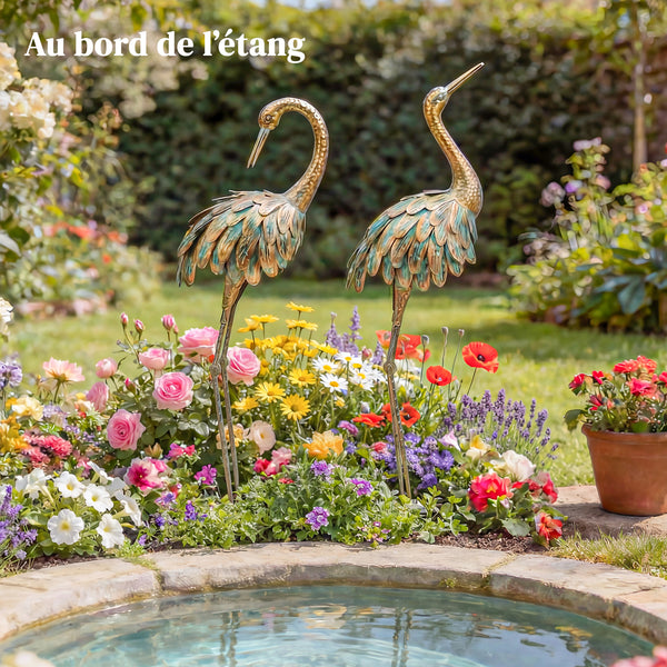Lot de 2 Statues de Jardin, Sculpture de Héron en Métal, Statues d'oiseaux 91/95cm, pour Cour, Étang, Terrasse, or/bleu