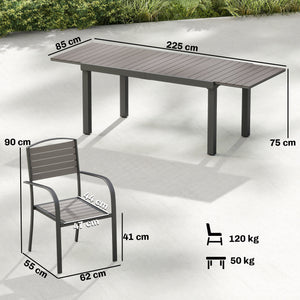 Salon de Jardin 8 Personnes - Table de Jardin Extensible 150-225cm avec Plateau Polybois et 8 Chaises - Ensemble Repas Extérieur en Aluminium pour Terrasse, Balcon et Véranda, Gris