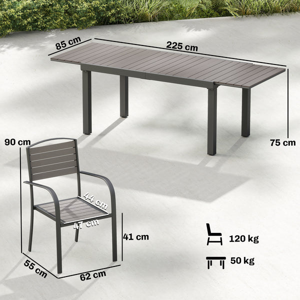 Salon de Jardin 8 Personnes - Table de Jardin Extensible 150-225cm avec Plateau Polybois et 8 Chaises - Ensemble Repas Extérieur en Aluminium pour Terrasse, Balcon et Véranda, Gris