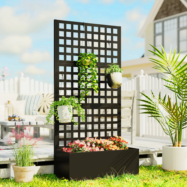 Jardinière avec treillis, brise-vue, lit surélevé de jardin, jardinière extérieure en acier galvanisée, pour plantes grimpantes, bac à fleurs pour balcon terrasse patio, 89x40x178cm, noir