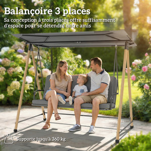 Balancelle de Jardin 3 Places, Balançoire Extérieure avec Toit Réglable et Coussin Épais Amovible, Cadre en Acier, Charge 360 kg, pour Balcon, Jardin, Terrasse, 208 x 125 x 180 cm, Gris