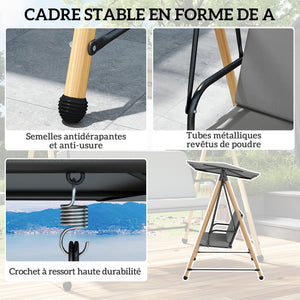 Balancelle de Jardin 3 Places, Balançoire Extérieure avec Toit Réglable et Coussin Épais Amovible, Cadre en Acier, Charge 360 kg, pour Balcon, Jardin, Terrasse, 208 x 125 x 180 cm, Gris