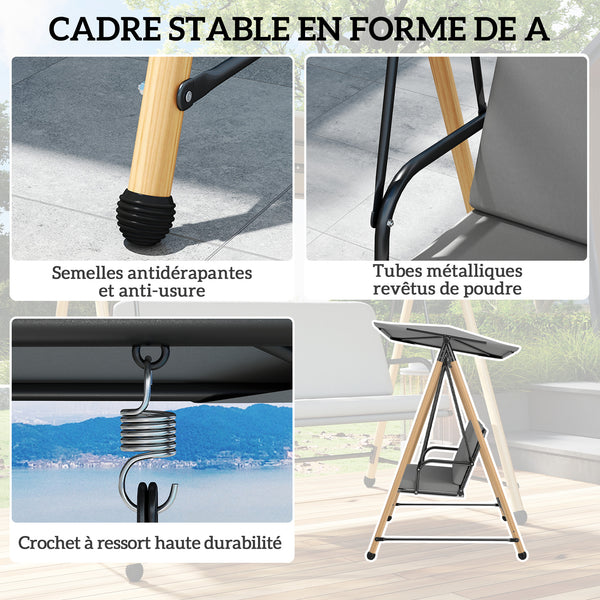 Balancelle de Jardin 3 Places, Balançoire Extérieure avec Toit Réglable et Coussin Épais Amovible, Cadre en Acier, Charge 360 kg, pour Balcon, Jardin, Terrasse, 208 x 125 x 180 cm, Gris