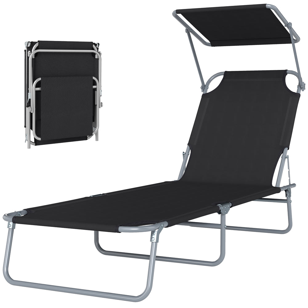 Transat Bain de Soleil Pliable Chaise Longue Pliante Grand Confort Dossier Inclinable Multi-positions et Pare-Soleil Réglable 187L x 58l x 36H cm Noir