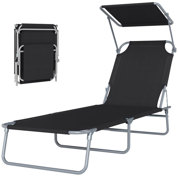Transat Bain de Soleil Pliable Chaise Longue Pliante Grand Confort Dossier Inclinable Multi-positions et Pare-Soleil Réglable 187L x 58l x 36H cm Noir