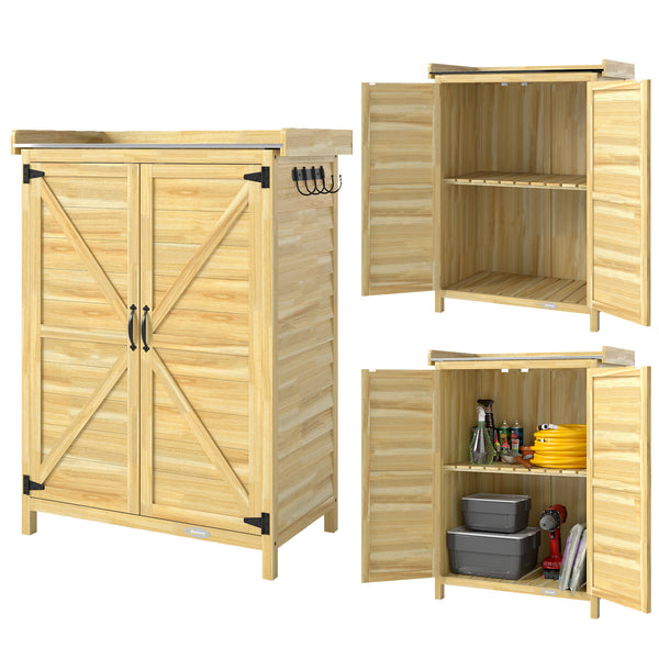 Armoire de jardin, armoire extérieure de rangement en bois avec étagère et crochets, plan de travail en métal galvanisé, table de rempotage pour balcon, terrasse, 71,5x39x95cm, bois naturel