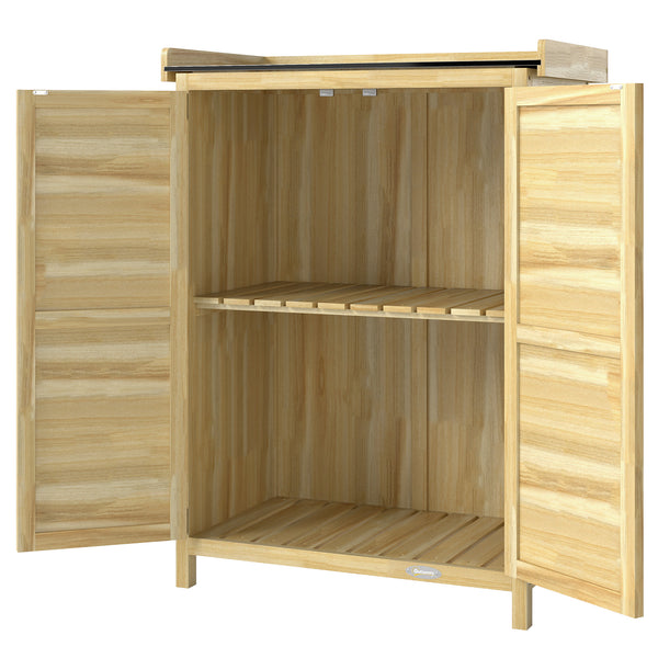Armoire de jardin, armoire extérieure de rangement en bois avec étagère et crochets, plan de travail en métal galvanisé, table de rempotage pour balcon, terrasse, 71,5x39x95cm, bois naturel