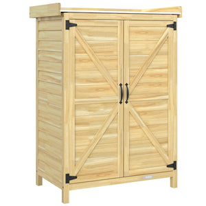 Armoire de jardin, armoire extérieure de rangement en bois avec étagère et crochets, plan de travail en métal galvanisé, table de rempotage pour balcon, terrasse, 71,5x39x95cm, bois naturel