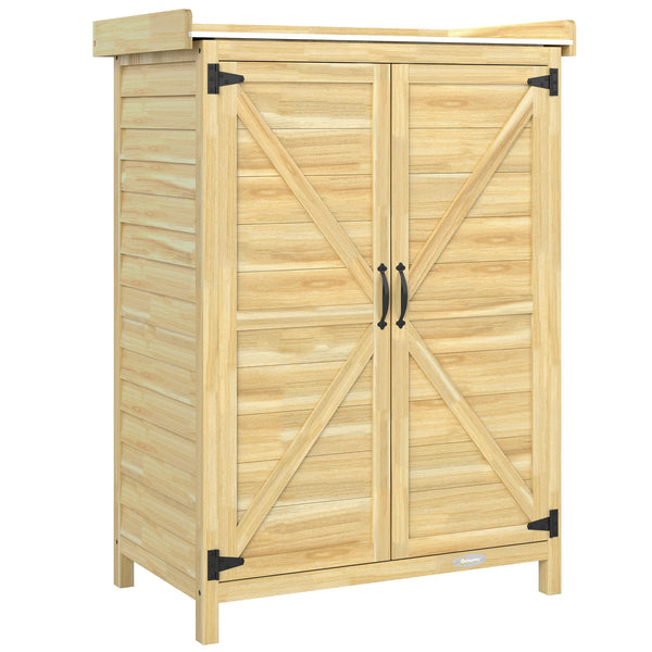 Armoire de jardin, armoire extérieure de rangement en bois avec étagère et crochets, plan de travail en métal galvanisé, table de rempotage pour balcon, terrasse, 71,5x39x95cm, bois naturel