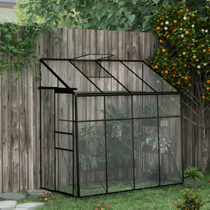 Serre adossée, serre de jardin polycarbonate, avec porte coulissante, évent de toit à 5 niveaux, avec cadre et fondation en aluminium, noir