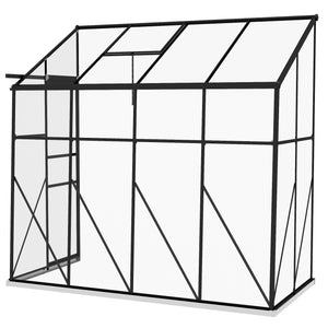 Serre adossée, serre de jardin polycarbonate, avec porte coulissante, évent de toit à 5 niveaux, avec cadre et fondation en aluminium, noir
