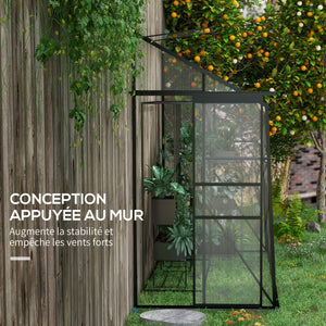 Serre adossée, serre de jardin polycarbonate, avec porte coulissante, évent de toit à 5 niveaux, avec cadre et fondation en aluminium, noir