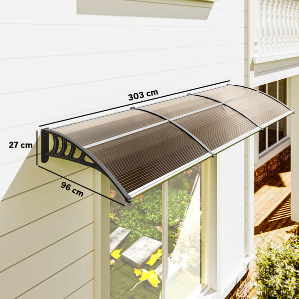 Auvent de porte d'entrée, toit marquise de porte exterieur en polycarbonate et profil aluminium résistante toit abri protection contre la pluie et UV pour terrasse, balcon, 303x96cm, marron