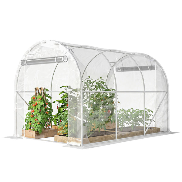 Serre tunnel de jardin 6m², serre de jardin tunnel 195x295x195cm avec cadre acier galvanisé, 2 portes, bâche PE haute densité 150g/m² prolongée de 20 cm, pour extérieur transparent