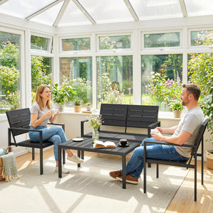 Salon de jardin extérieur 4 pièces avec canapé 2 places, 2 chaises et table basse, mobilier de jardin terrasse veranda, noir