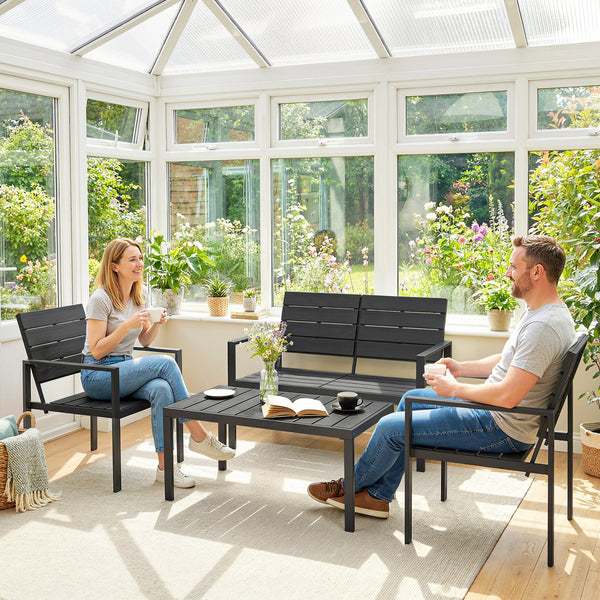 Salon de jardin extérieur 4 pièces avec canapé 2 places, 2 chaises et table basse, mobilier de jardin terrasse veranda, noir