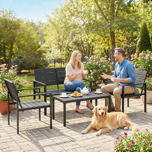 Salon de jardin extérieur 4 pièces avec canapé 2 places, 2 chaises et table basse, mobilier de jardin terrasse veranda, noir