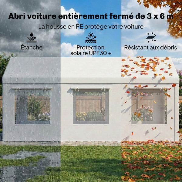 Abri de Voiture 3x6m Protection UV30+ Garage Mobile avec Hauteur Réglable - Tente de Garage avec 6 Fenêtres et Moustiquaire - Carport en Acier Galvanisé Ø37mm Robuste, Blanc
