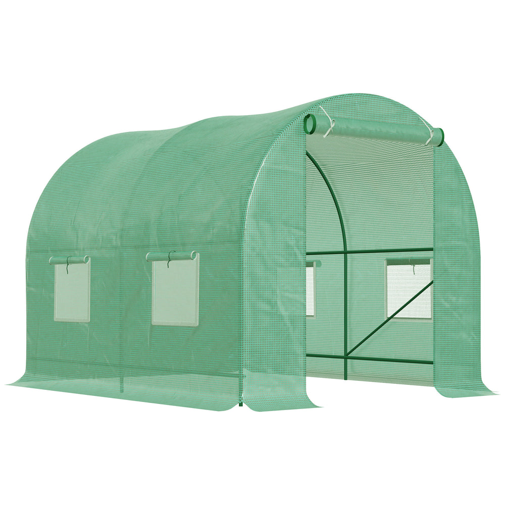 Serre de Jardin Tunnel 5 m² 2,5L x 2l x 2H m Acier renforcé Ø 1,8 cm + PE Haute densité 140 g/m² fenêtres Porte déroulante Vert