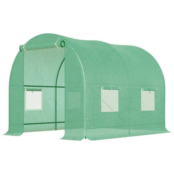 Serre de Jardin Tunnel 5 m² 2,5L x 2l x 2H m Acier renforcé Ø 1,8 cm + PE Haute densité 140 g/m² fenêtres Porte déroulante Vert