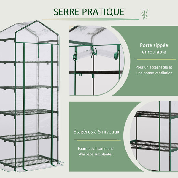 Serre de jardin PVC avec étagères 5 niveaux, serre de balcon, bâche renforcée 135 g/m², châssis en acier, porte zippée enroulable, pour légumes plantes fleurs, 69 x 49 x 193 cm, transparent