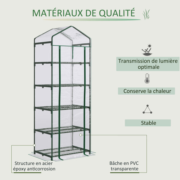 Serre de jardin PVC avec étagères 5 niveaux, serre de balcon, bâche renforcée 135 g/m², châssis en acier, porte zippée enroulable, pour légumes plantes fleurs, 69 x 49 x 193 cm, transparent