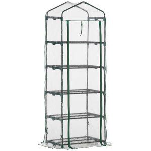 Serre de jardin PVC avec étagères 5 niveaux, serre de balcon, bâche renforcée 135 g/m², châssis en acier, porte zippée enroulable, pour légumes plantes fleurs, 69 x 49 x 193 cm, transparent