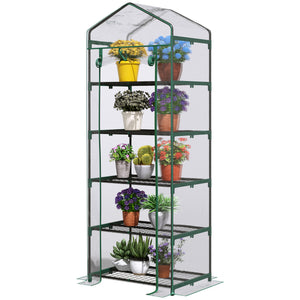 Serre de jardin PVC avec étagères 5 niveaux, serre de balcon, bâche renforcée 135 g/m², châssis en acier, porte zippée enroulable, pour légumes plantes fleurs, 69 x 49 x 193 cm, transparent
