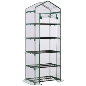 Serre de jardin PVC avec étagères 5 niveaux, serre de balcon, bâche renforcée 135 g/m², châssis en acier, porte zippée enroulable, pour légumes plantes fleurs, 69 x 49 x 193 cm, transparent