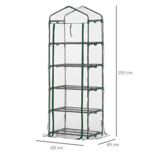 Serre de jardin PVC avec étagères 5 niveaux, serre de balcon, bâche renforcée 135 g/m², châssis en acier, porte zippée enroulable, pour légumes plantes fleurs, 69 x 49 x 193 cm, transparent