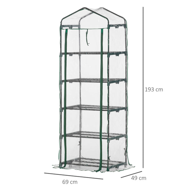 Serre de jardin PVC avec étagères 5 niveaux, serre de balcon, bâche renforcée 135 g/m², châssis en acier, porte zippée enroulable, pour légumes plantes fleurs, 69 x 49 x 193 cm, transparent
