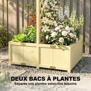 Jardinière avec Treillis en Bois Massif - Carré Potager Pliable avec Double Bac à Fleurs - Lit de Jardin 170cm de Haut pour Plantes Grimpantes sur Balcon, Terrasse Brise-Vue, Naturel