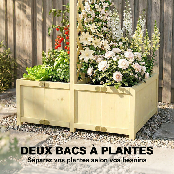 Jardinière avec Treillis en Bois Massif - Carré Potager Pliable avec Double Bac à Fleurs - Lit de Jardin 170cm de Haut pour Plantes Grimpantes sur Balcon, Terrasse Brise-Vue, Naturel