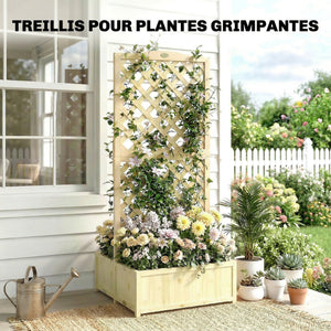 Jardinière avec Treillis en Bois Massif - Carré Potager Pliable avec Double Bac à Fleurs - Lit de Jardin 170cm de Haut pour Plantes Grimpantes sur Balcon, Terrasse Brise-Vue, Naturel