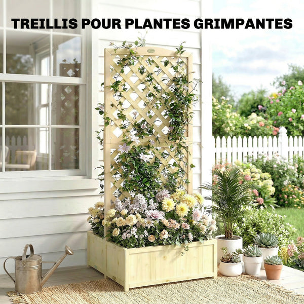 Jardinière avec Treillis en Bois Massif - Carré Potager Pliable avec Double Bac à Fleurs - Lit de Jardin 170cm de Haut pour Plantes Grimpantes sur Balcon, Terrasse Brise-Vue, Naturel