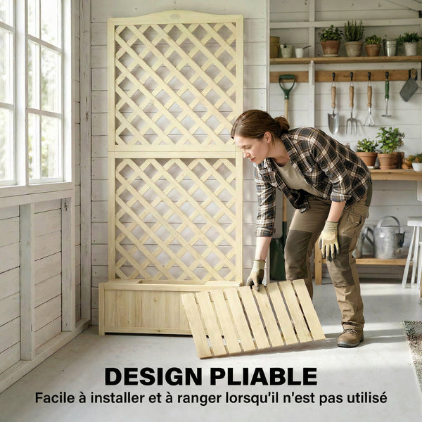 Jardinière avec Treillis en Bois Massif - Carré Potager Pliable avec Double Bac à Fleurs - Lit de Jardin 170cm de Haut pour Plantes Grimpantes sur Balcon, Terrasse Brise-Vue, Naturel