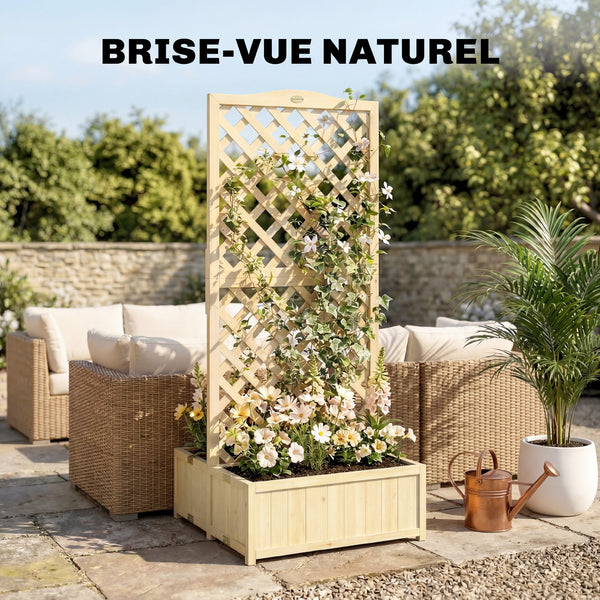Jardinière avec Treillis en Bois Massif - Carré Potager Pliable avec Double Bac à Fleurs - Lit de Jardin 170cm de Haut pour Plantes Grimpantes sur Balcon, Terrasse Brise-Vue, Naturel
