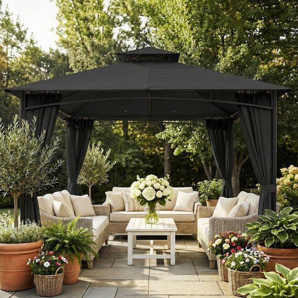 Tonnelle de Jardin Extérieur 3x3m Pavillon Métal Ø 48mm - Cadre de Toit Rétractable & Double Toit UV50+ - Abri de Jardin Imperméable Robuste pour 6-8 Personnes, Gris Anthracite