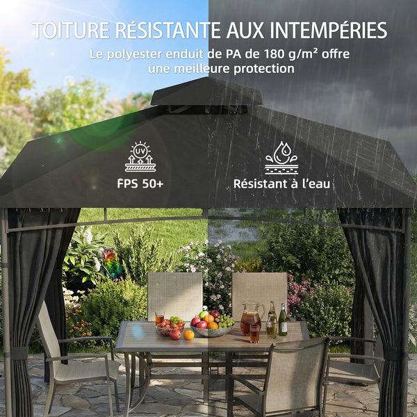 Tonnelle de Jardin Extérieur 3x3m Pavillon Métal Ø 48mm - Cadre de Toit Rétractable & Double Toit UV50+ - Abri de Jardin Imperméable Robuste pour 6-8 Personnes, Gris Anthracite