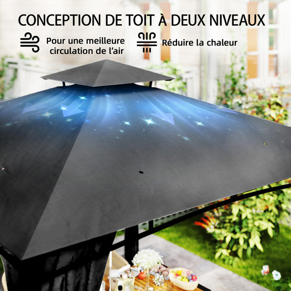 Tonnelle de Jardin Extérieur 3x3m Pavillon Métal Ø 48mm - Cadre de Toit Rétractable & Double Toit UV50+ - Abri de Jardin Imperméable Robuste pour 6-8 Personnes, Gris Anthracite