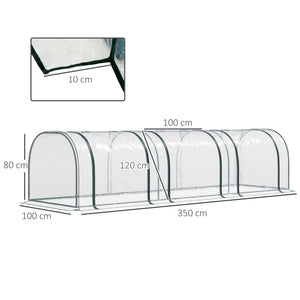 Mini Serre de Jardin, Mini Serre Tunnel, Serre à Tomates 3,5L x 1l x 0,8H m, Acier, PVC Haute Densité Anti-UV, 3 Fenêtres avec Zip Enroulables, Vert et Transparent