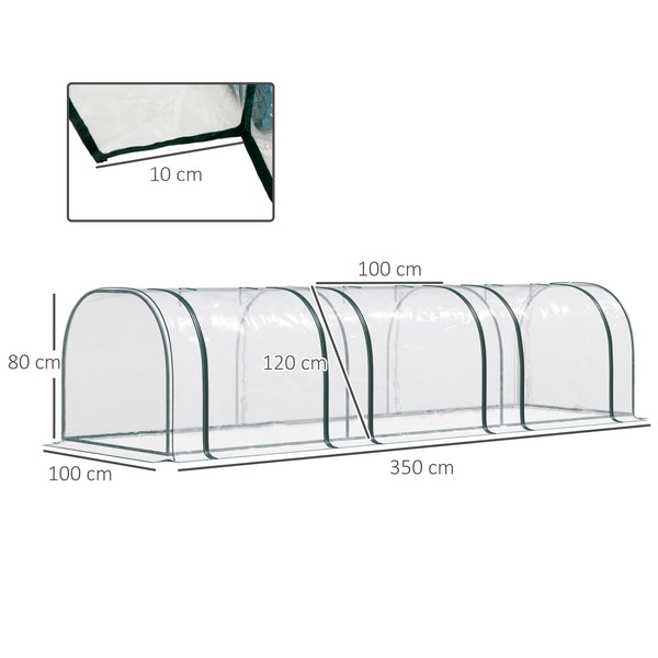 Mini Serre de Jardin, Mini Serre Tunnel, Serre à Tomates 3,5L x 1l x 0,8H m, Acier, PVC Haute Densité Anti-UV, 3 Fenêtres avec Zip Enroulables, Vert et Transparent