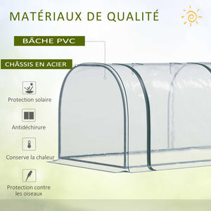Mini Serre de Jardin, Mini Serre Tunnel, Serre à Tomates 3,5L x 1l x 0,8H m, Acier, PVC Haute Densité Anti-UV, 3 Fenêtres avec Zip Enroulables, Vert et Transparent