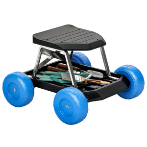 Siège de jardin sur roues tabouret de jardinage plateau à outils chariot jardinage avec siège pour désherber, planter, 50 x 49 x 32 cm bleu